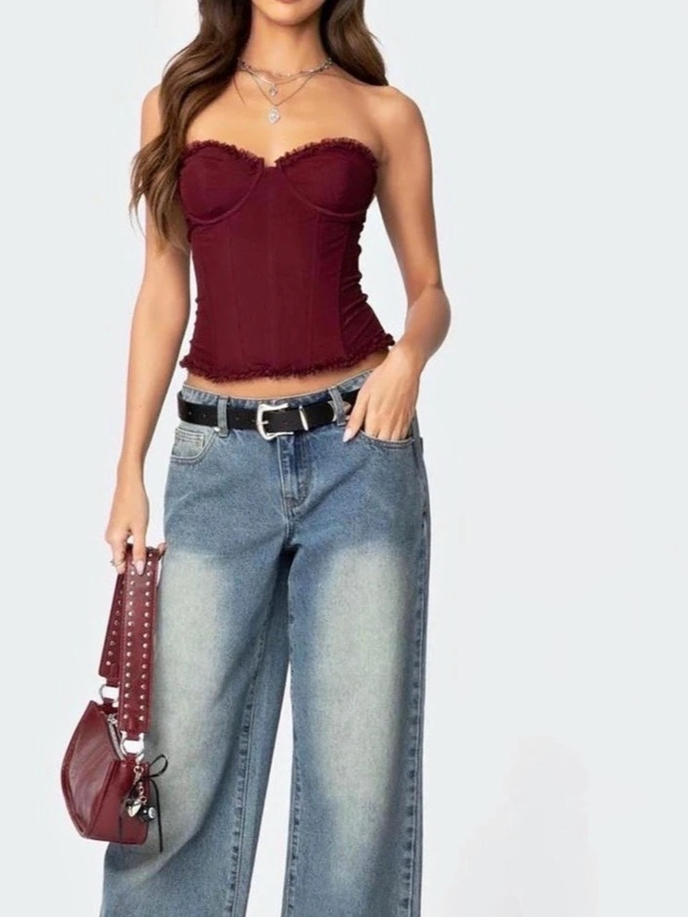 Edikted Lace-Up Corset Top Burgundy